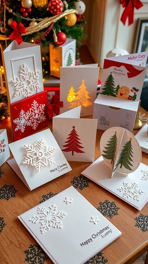 Intricate Christmas Card Ideas A collection of intricate Christmas cards with snowflakes, pop-up trees, and embossed designs on a festive table.